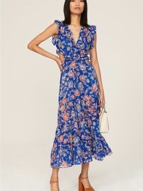 MISA Natasha Blue Floral Ruffle Midi Dress Size:S